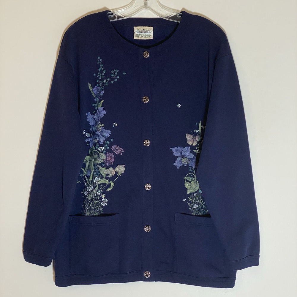 Vintage‎ Northern Reflection Sweater Womens Medium Blue Floral Flowers Potting M